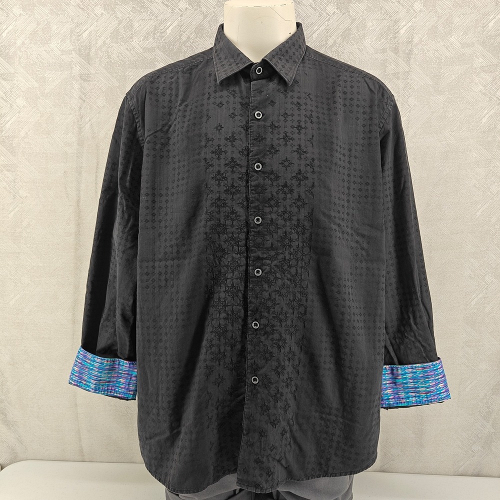Robert Graham Button Shirt Mens 4XL Black Geometric Embroidered Floral Cuffs - Picture 2 of 14